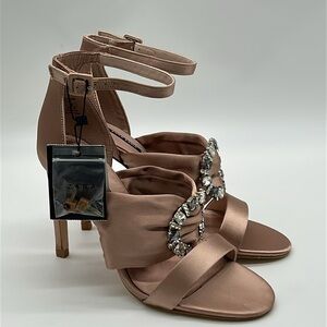 Zara Rose Satin Ankle Strap with Rhinestone Ring Embellishment Sz 37 6.5 US NWT